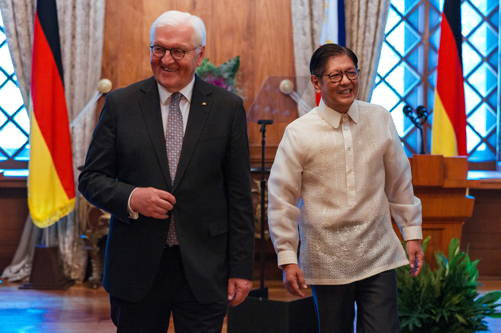 German President Frank-Walter Steinmeier, left, walks with Philippine President Ferdinand Marcos Jr. following a press conference in Manila, Philippines Tuesday, June 16, 2026. (Ezra Acayan/Pool Photo via AP)
