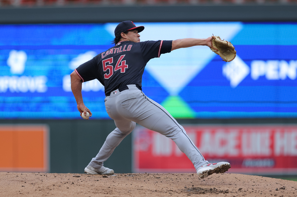 Cleveland Guardians starting pitcher Joey Cantillo delivers during the second inning of a baseball game against the Minnesota Twins, Tuesday, July 7, 2026, in Minneapolis. (AP Photo/Bailey Hillesheim)