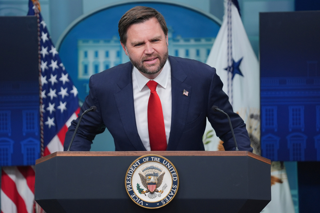 Vice President JD Vance speaking with reporters in the James Brady Press Briefing Room at the White House, Wednesday, Oct. 1, 2025, in Washington. (AP Photo/Evan Vucci)
