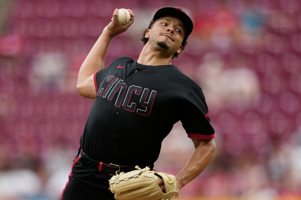 Cincinnati Reds pitcher Chase Burns throws during the second inning of a baseball game against the Miami Marlins in Cincinnati, Friday, Aug. 14, 2026. (AP Photo/Carolyn Kaster)