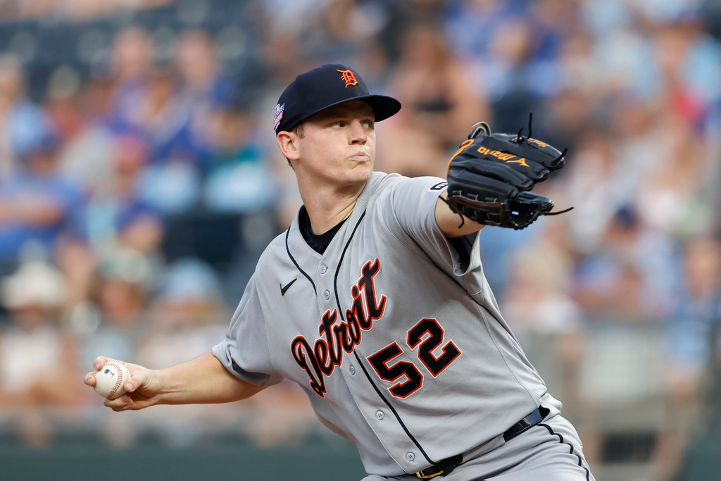Detroit Tigers pitcher Troy Melton delivers to a Kansas City Royals batter during the first inning of a baseball game in Kansas City, Mo., Friday, Aug. 21, 2026. (AP Photo/Colin E. Braley)