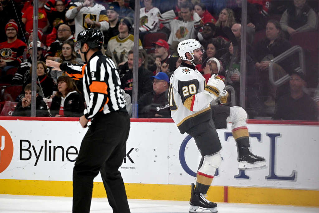 Vegas Golden Knights' Brandon Saad (20) celebrates after scoring during the first period of an NHL hockey game against the Chicago Blackhawks, Sunday, Jan. 4, 2026, in Chicago. (AP Photo/Paul Beaty)