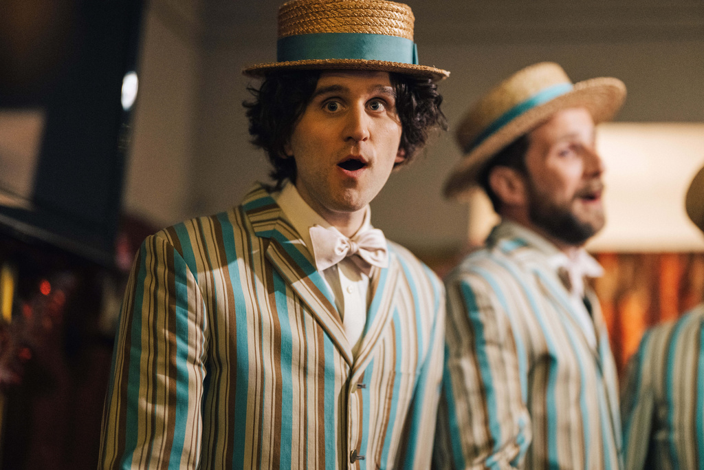 This image released by A24 shows Harry Melling in a scene from "Pillion." (Chris Harris/A24 via AP)