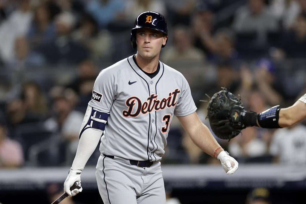 Detroit Tigers' Kerry Carpenter reacts after striking out during the seventh inning of a baseball game against the New York Yankees, Thursday, Sept. 11, 2025, in New York. (AP Photo/Adam Hunger)