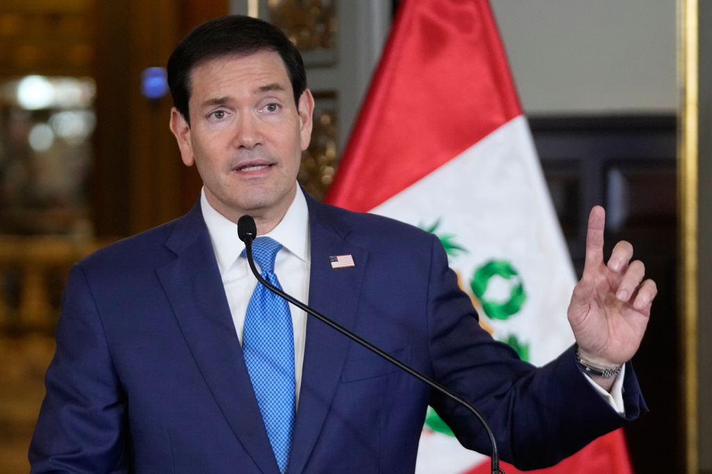 U.S. Secretary of State Marco Rubio gives a joint news conference with Peruvian President Keiko Fujimori at the presidential palace in Lima, Peru, Thursday, Sept. 10, 2026. (AP Photo/Martin Mejia, Pool)