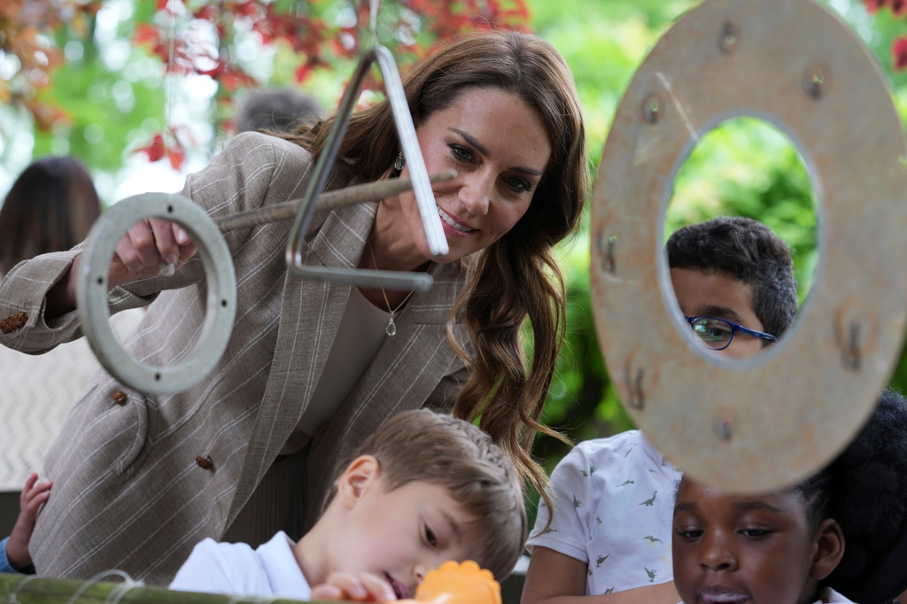 Britain's Kate, Princess of Wales visits the Salvador Allende preschool to observe how nature-based learning is embedded within the Reggio Emilia approach, part of a two-day trip, in Reggio Emilia, Italy, Thursday, May 14, 2026. (AP Photo/Antonio Calanni, Pool)