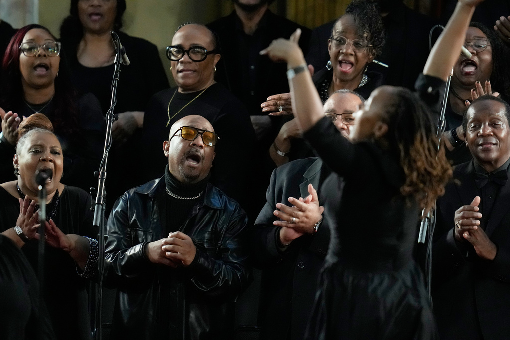 A choir sings during the Homegoing Celebration of Life for the Rev. Jesse Jackson, Saturday, March 7, 2026, at Rainbow PUSH Coalition headquarters in Chicago. (AP Photo/Erin Hooley)