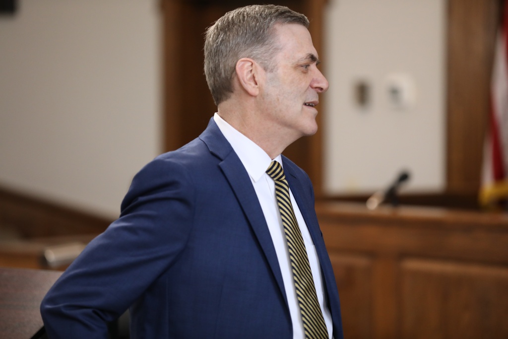 Solicitor Rick Hubbard waits for a court hearing where former Colleton County Clerk of Court Mary Rebecca "Becky" Hill pleaded guilty on Monday, Dec. 8, 2025, in St. Matthews, S.C.. (AP Photo/Jeffrey Collins)