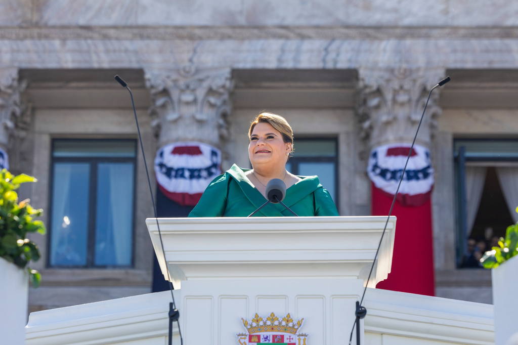 FILE - Jenniffer Gonzalez speaks after she was sworn in as governor outside the Capitol in San Juan, Puerto Rico, Jan. 2, 2025. (AP Photo/Alejandro Granadillo, File)