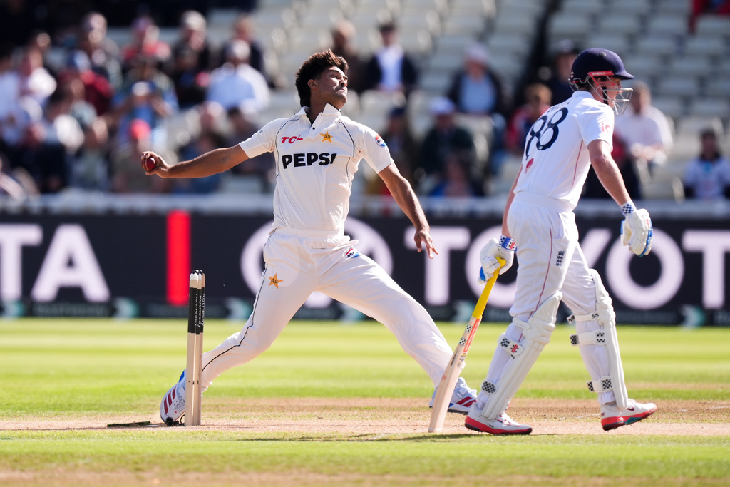Pakistan's Razaullah bowls a delivery on day two of the third cricket Test between England and Pakistan in Birmingham, England, Thursday Sept. 10, 2026. (Mike Egerton/PA via AP)