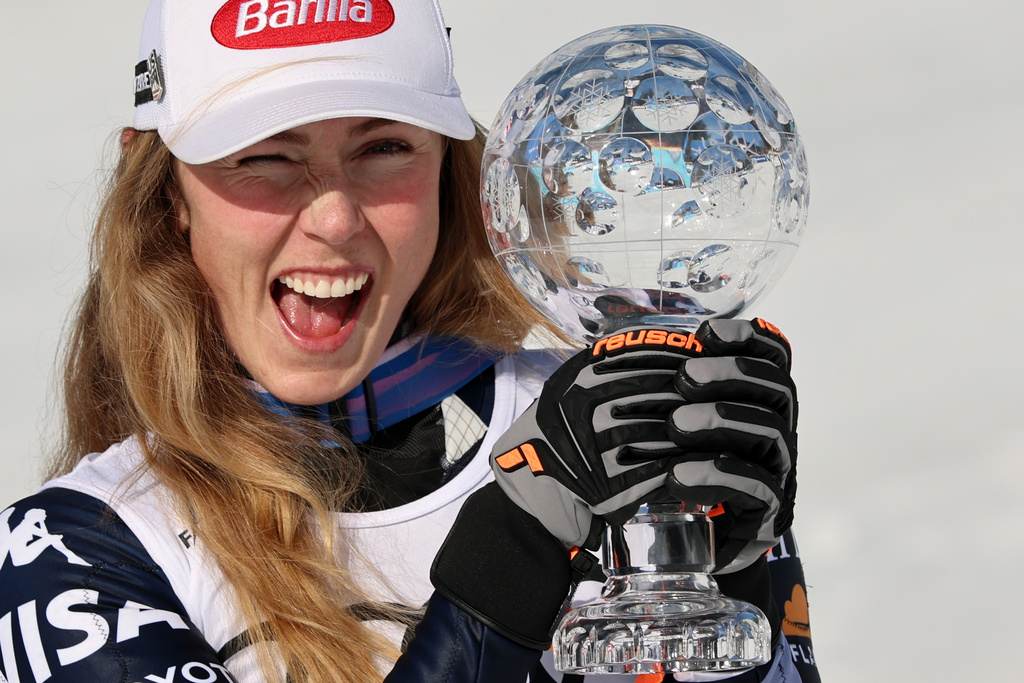 United States' Mikaela Shiffrin holds the globe trophy for the alpine ski, women's slalom discipline, at the Lillehammer World Cup Finals, in Hafjell, Norway, Tuesday, March 24, 2026. (AP Photo/Marco Trovati)