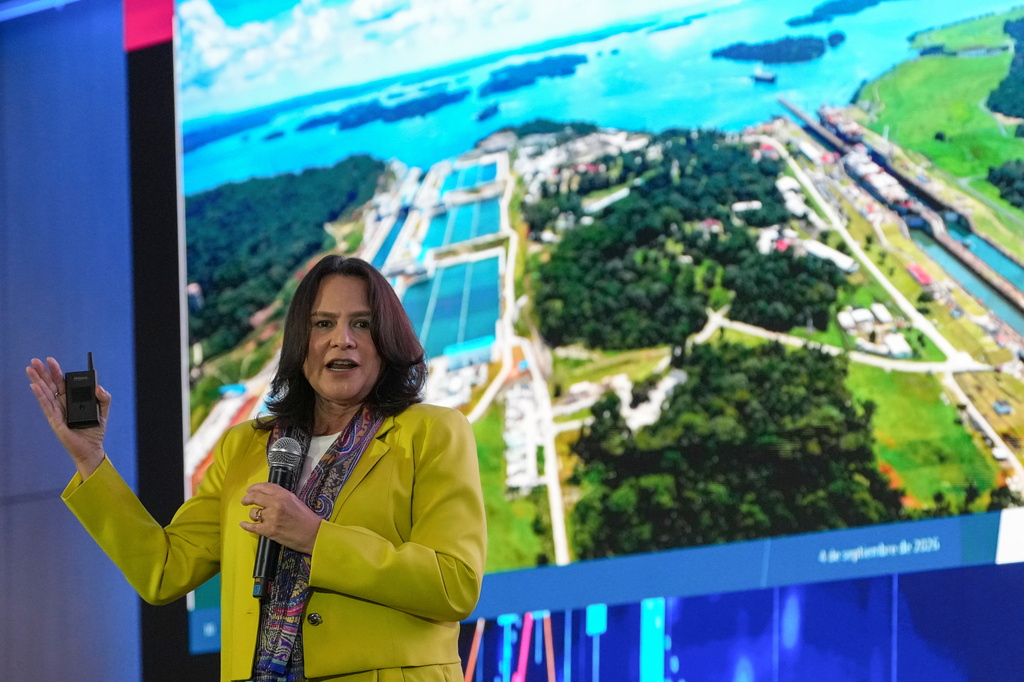 Incoming Panama Canal Administrator Ilya Espino de Marotta speaks during an international financial summit in Panama City, Friday, Sept. 4, 2026. (AP Photo/Matias Delacroix)