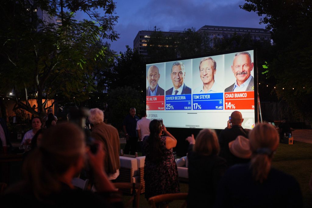 People watch results at an election night event for California gubernatorial candidate Xavier Becerra, Tuesday, June 2, 2026, in Los Angeles. (AP Photo/Jae C. Hong)