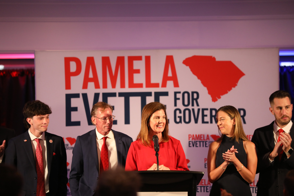 Republican South Carolina Lt. Gov. Pamela Evette concedes the GOP gubernatorial runoff to Alan Wilson, in Myrtle Beach, S.C., Tuesday, June 23, 2026. (AP Photo/Jeffrey Collins)