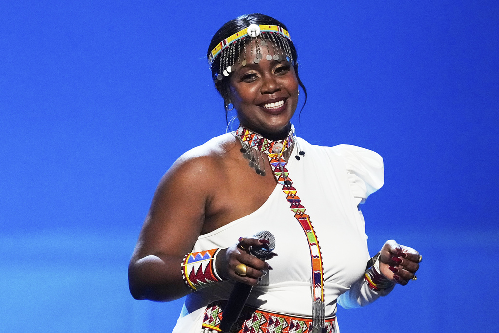 Kenya's Sanaipei Tande performs the song "Flavour" at the International Music Competition "Intervision" at the Live Arena outside Moscow, Russia, Saturday, Sept. 20, 2025. (AP Photo/Alexander Zemlianichenko)