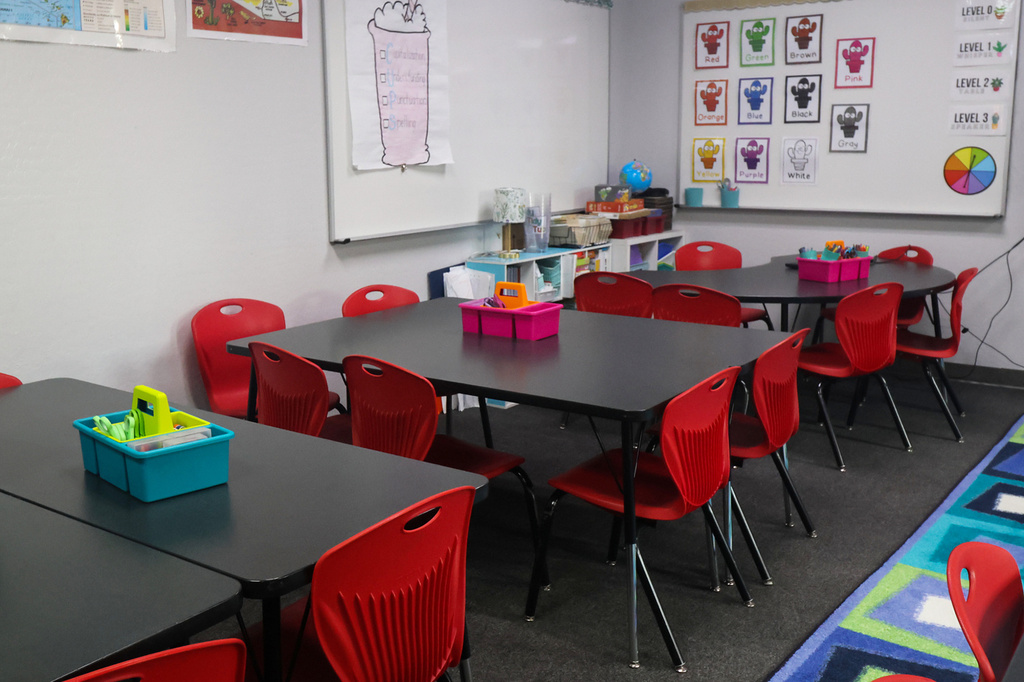 An elementary classroom is stocked with school supplies at BASIS Flagstaff on Thursday, Aug. 6, 2026, in Flagstaff, Ariz. (AP Photo/Cheyanne Mumphrey)