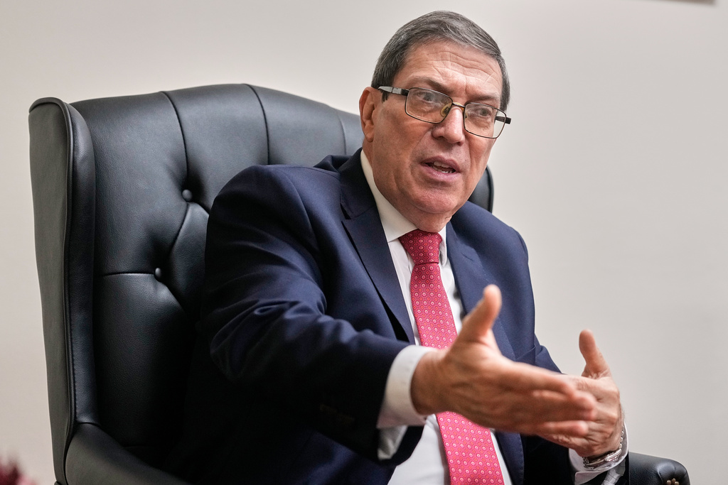 Cuba's Foreign Minister Bruno Rodriguez Parrilla speaks during an interview with The Associated Press at the Permanent Mission of Cuba to the United Nations, in New York, Tuesday, Sept. 30, 2025. (AP Photo/Richard Drew)