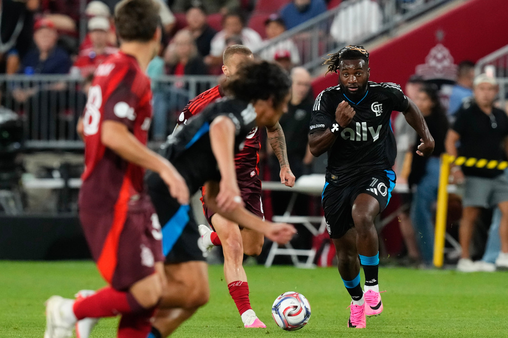 Charlotte FC's Allan Saint-Maximin (10) chases the ball during second half MLS action against Toronto FC in Toronto, on Wednesday, Aug. 19, 2026. (Chris Young/The Canadian Press via AP)
