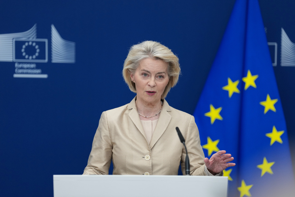 European Commission President Ursula von der Leyen delivers a statement during a media conference at EU headquarters in Brussels, Wednesday, March 18, 2026. (AP Photo/Virginia Mayo)