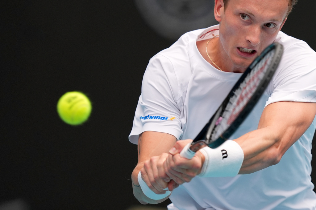 Jiri Lehecka of Czech Republic plays a ball in his men's singles final against Jannik Sinner of Italy, at the Miami Open tennis tournament, Sunday, March 29, 2026, in Miami Gardens, Fla. (AP Photo/Rebecca Blackwell)