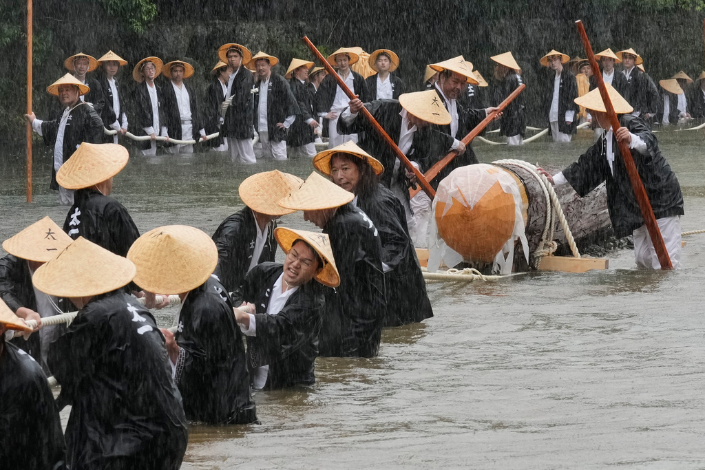 People carry a hinoki timber, Japanese cypress, into the Kotaijingu, also known as Naiku, or the inner sanctuary of the Ise Jingu shrine complex, during a festivity called Mihishirogi Hoeishiki in Ise, central Japan, Monday, June 9, 2025. (AP Photo/Hiro Komae)