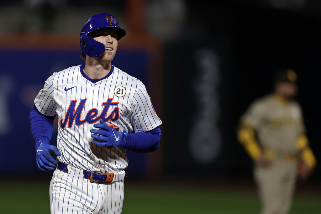 New York Mets' Brett Baty rounds the bases after hitting a two-run home run during the first inning of a baseball game Tuesday, Sept. 16, 2025, in New York. (AP Photo/Adam Hunger)