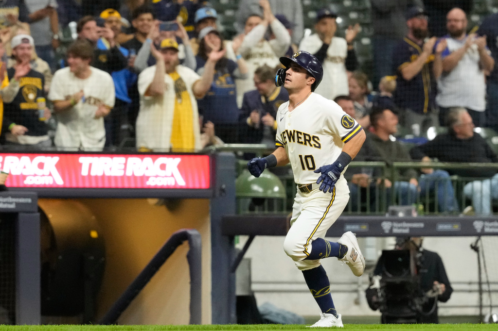 Milwaukee Brewers' Sal Frelick rounds the bases after hitting a solo home run during the second inning of a baseball game against the Arizona Diamondbacks, Tuesday, April 28, 2026, in Milwaukee. (AP Photo/Nam Y. Huh)