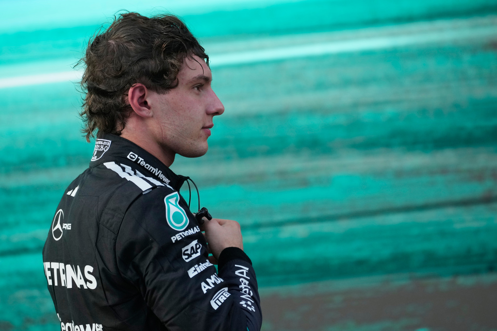 Mercedes driver Andrea Kimi Antonelli of Italy arrives in the pit-lane after the Formula One Azerbaijan Grand Prix auto race in Baku, Azerbaijan, Saturday, Sept. 26, 2026. (AP Photo/Pavel Bednyakov)