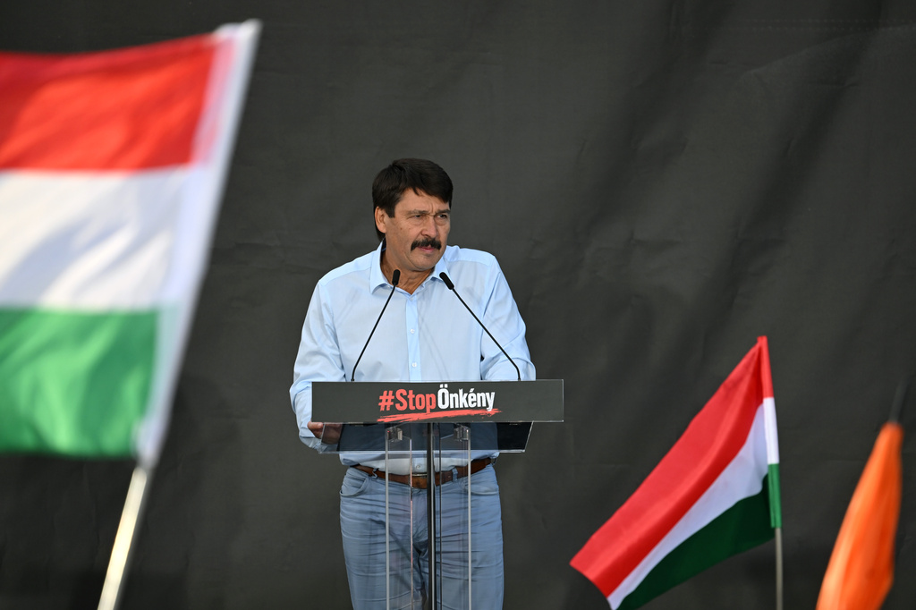 Former Hungarian President Janos Ader speaks during the protest held by Fidesz and KDNP against the amendment of the Basic Law in front of the presidential Alexander Palace in Budapest, Hungary, Thursday, July 9, 2026. (Tibor Illyes/MTI via AP)