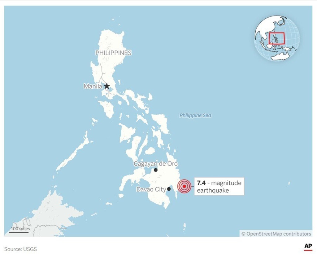 Map locating a 7.4-magnitude earthquake off the southern Philippines. (AP Digital Embed)