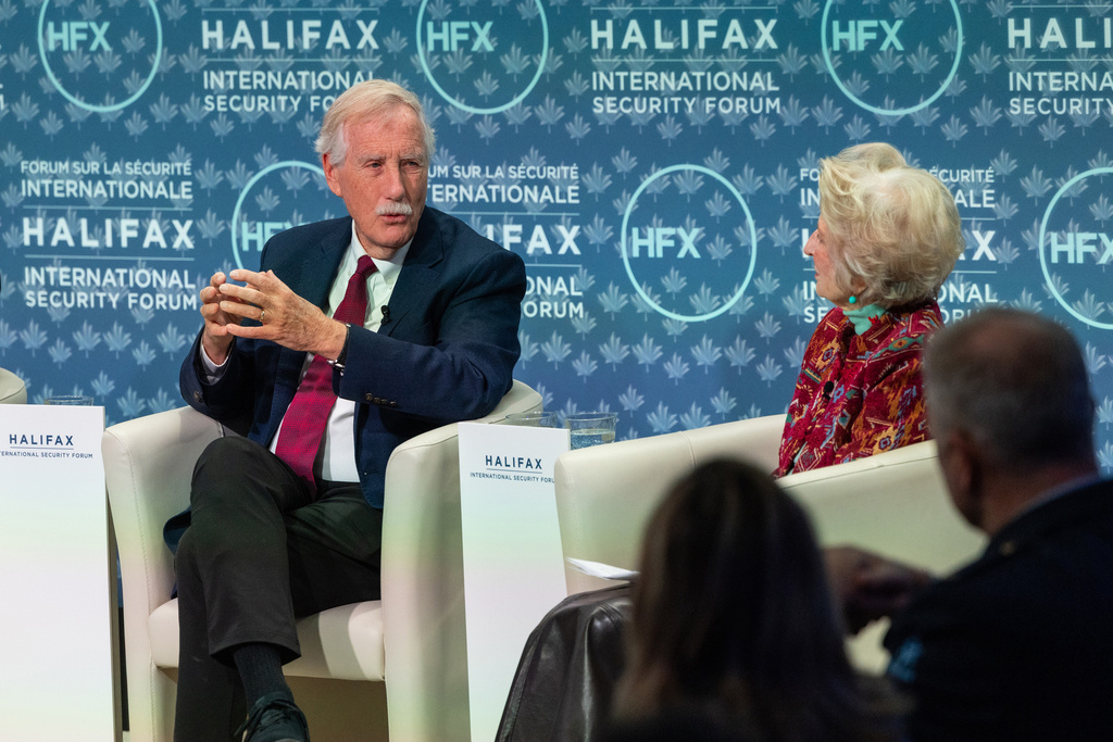 Senator Angus King, of Maine and moderator congresswoman Jane Harman, Commission on the National Defense Strategy, United States, take part in the Halifax International Security Forum on Saturday, Nov. 22, 2025. (Kelly Clark