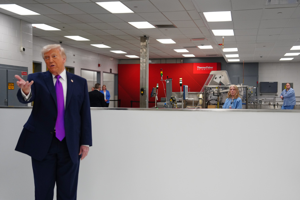 President Donald Trump speaks as he visits Thermo Fisher Scientific, Wednesday, March 11, 2026, in Cincinnati. (AP Photo/Julia Demaree Nikhinson)