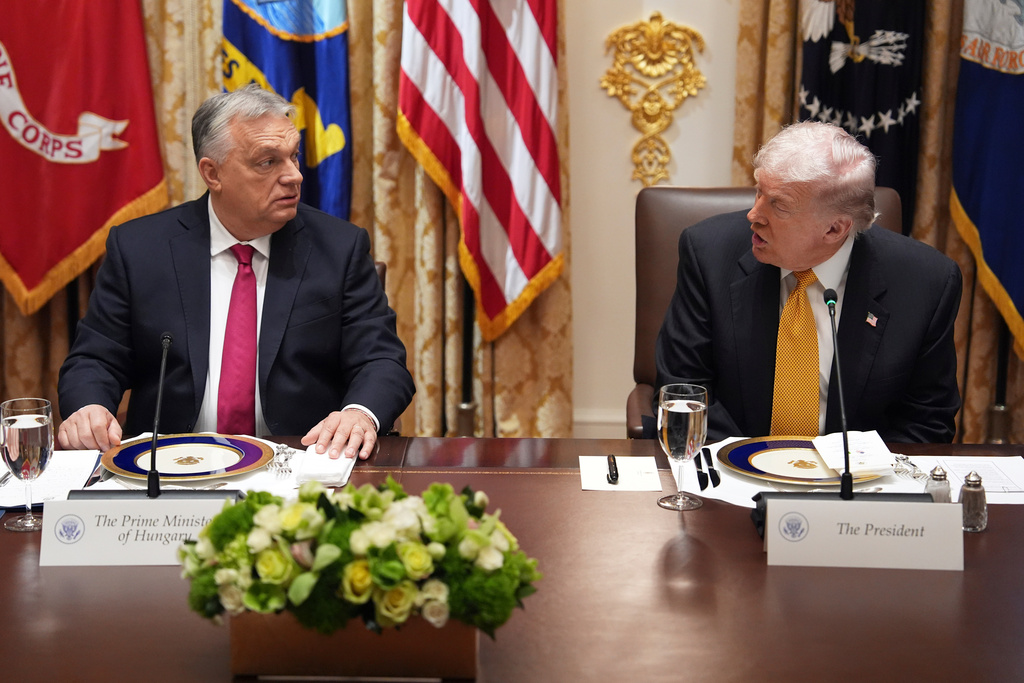 President Donald Trump, right, meets with Hungary's Prime Minister Viktor Orban in the Cabinet Room of the White House, Friday, Nov. 7, 2025, in Washington. (AP Photo/Evan Vucci)