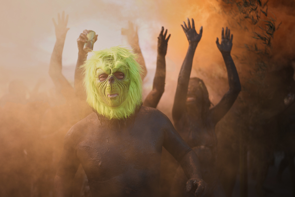 A reveler donning a Grinch mask strikes a pose during the Mud Block carnival party in Paraty, Brazil, Saturday, Feb. 14, 2026. (AP Photo/Andre Penner)