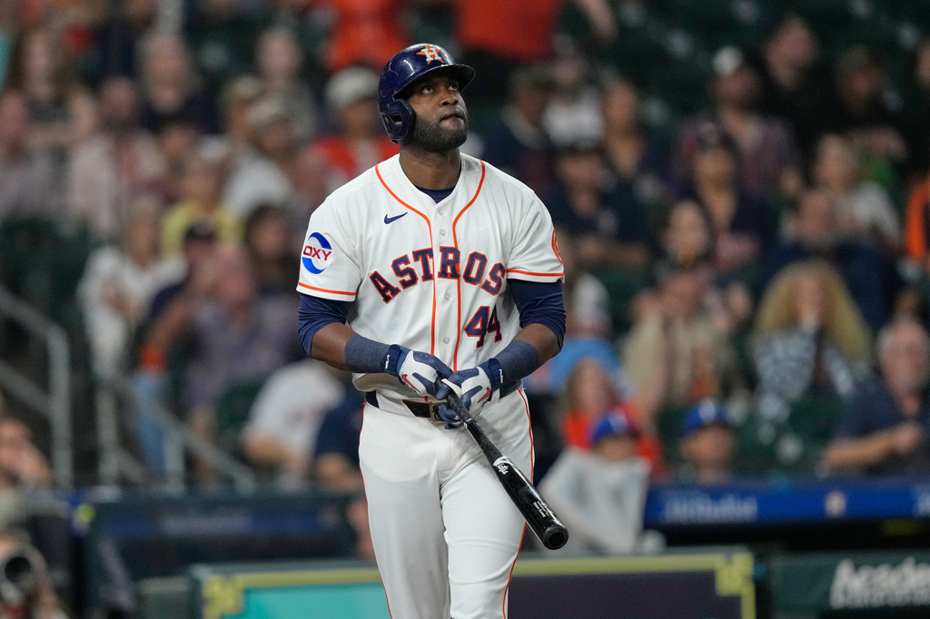 Houston Astros' Yordan Alvarez watches his home run against the Kansas City Royals during the fifth inning of a baseball game Thursday, Sept. 17, 2026, in Houston. (AP Photo/David J. Phillip)