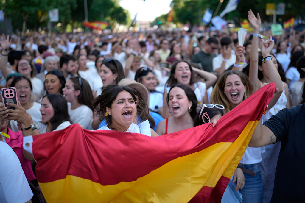 People wait for the arrival of Pope Leo XIV during a prayer vigil with young people at Plaza de Lima in Madrid, Spain, Saturday, June 6, 2026, on the first day of his seven-day apostolic visit to mainland Spain and the Canary Islands. (AP Photo/Bernat Armangue)