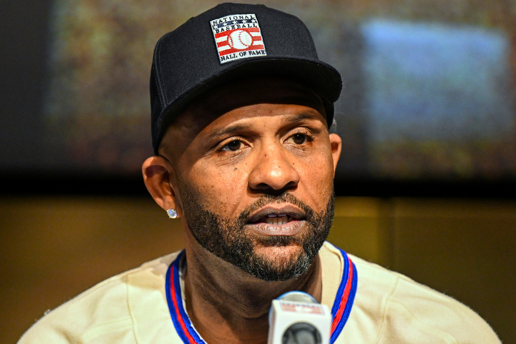 FILE - Newly-elected Baseball Hall of Fame inductee CC Sabathia talks to reporters during a news conference Thursday, Jan. 23, 2025, in Cooperstown, N.Y. (AP Photo/Hans Pennink,File)