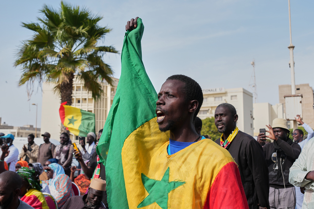 A protestor chants anti-gay slogans during a demonstration against homosexuality in Dakar, Senegal, Friday, March 6, 2026. (AP Photo/Misper Apawu)
