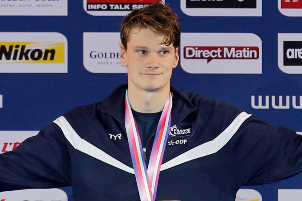 FILE - Yannick Agnel of France stands on the podium after winning the men's 400-meter Freestyle final at the European Short Course Swimming Championships in Chartres, west of Paris, Thursday, Nov. 22, 2012. (AP Photo/Christophe Ena, File)
