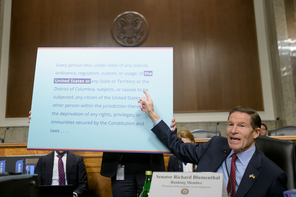 Sen. Richard Blumenthal, D-Conn., speaks during a Bicameral Public Forum on the Disproportionate Use of Force by DHS Agents, on Capitol Hill, Tuesday, Feb. 3, 2026, in Washington. (AP Photo/Rod Lamkey, Jr.)