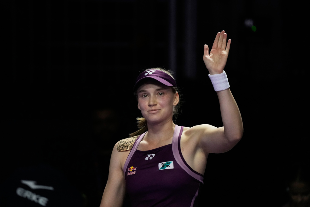 Elena Rybakina of Kazakhstan celebrates after her win against Jessica Pegula of the United States in the women's singles semifinal match at the WTA tennis finals in Riyadh, Saudi Arabia, Friday, Nov. 7, 2025. (AP Photo/Fatima Shbair)