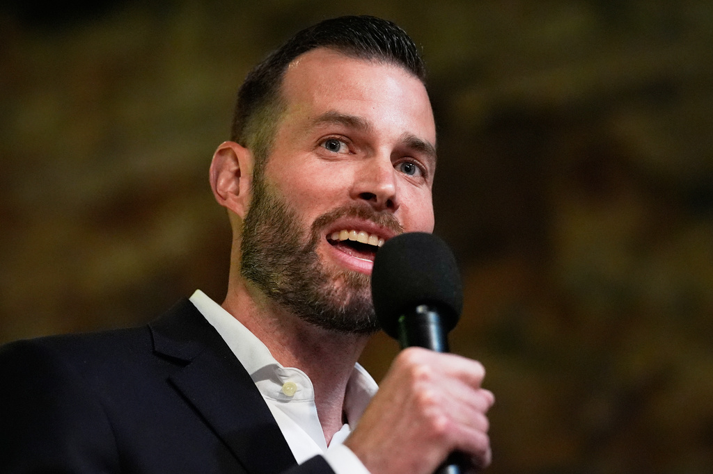 Republican Clay Fuller speaks during an election night watch party after winning a special election for Georgia's 14th Congressional District, Tuesday, April 7, 2026, in Ringgold, Ga. (AP Photo/Mike Stewart)