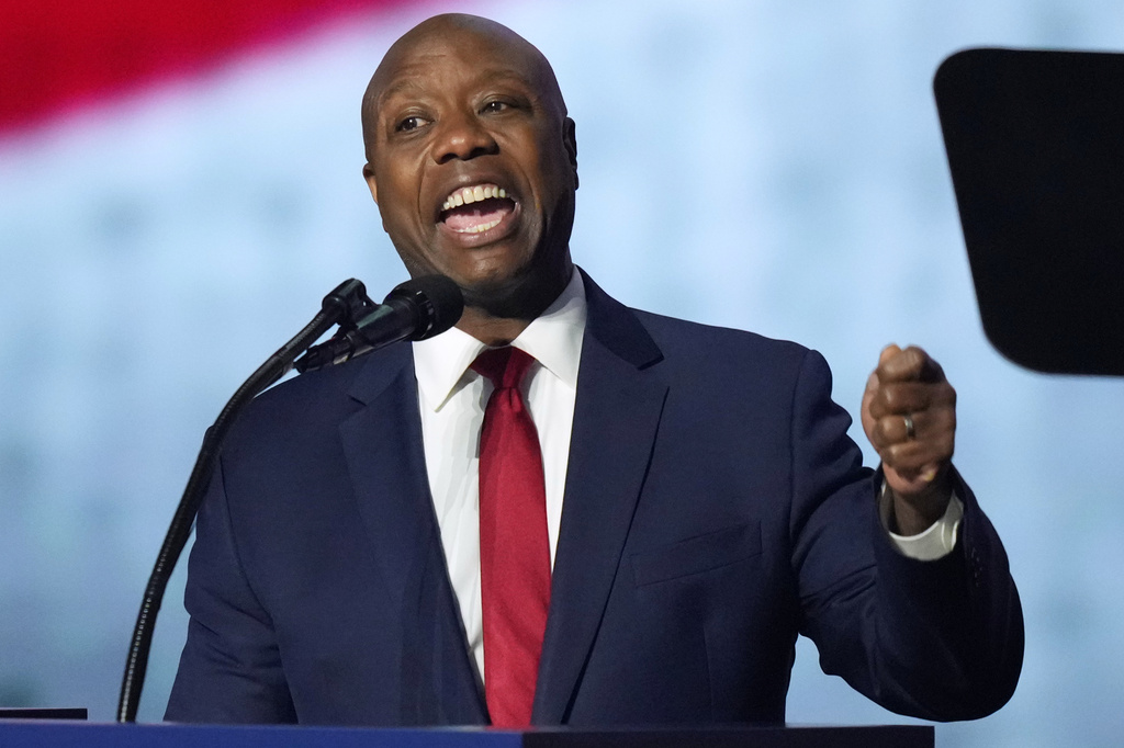 Sen. Tim Scott, R-S.C., speaks at the Republican convention Wednesday, Sept. 9, 2026, in Dallas. (AP Photo/Alex Brandon)