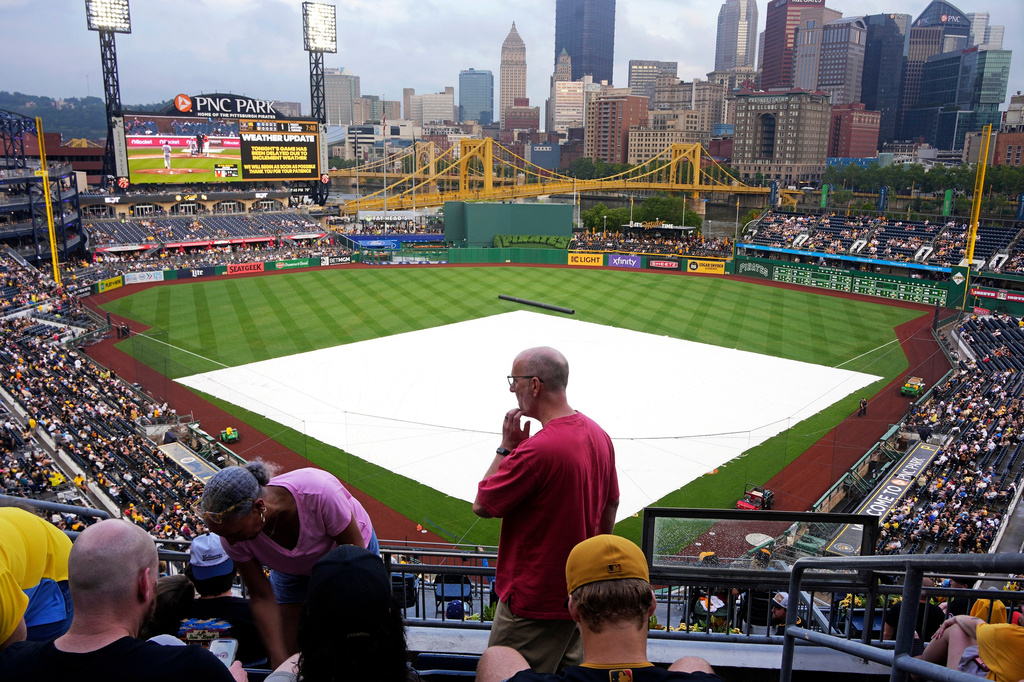 The field at PNC Park is covered and a baseball game between the Pittsburgh Pirates and the Milwaukee Brewers cancelled due to storms in the Pittsburgh area, on Friday, July 10, 2025. (AP Photo/Gene J. Puskar)