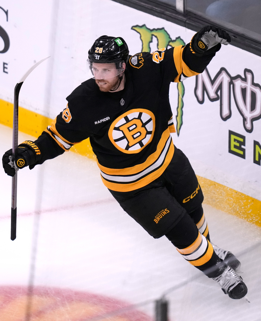 Boston Bruins center Elias Lindholm celebrates after his goal against the Dallas Stars during the third period of an NHL hockey game, Tuesday, March 31, 2026, in Boston. (AP Photo/Charles Krupa)