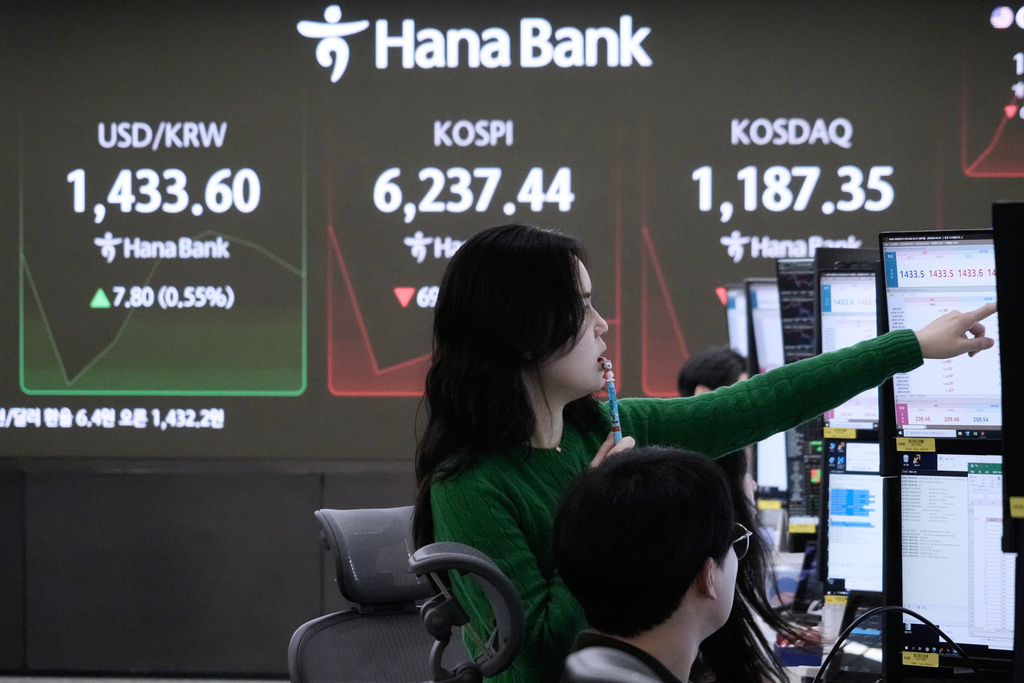 A currency trader watches a monitor near a screen showing the Korea Composite Stock Price Index (KOSPI), top center, and the foreign exchange rate between U.S. dollar and South Korean won, top left, at the foreign exchange dealing room of the Hana Bank headquarters, in Seoul, South Korea, Friday, Feb. 27, 2026. (AP Photo/Ahn Young-joon)