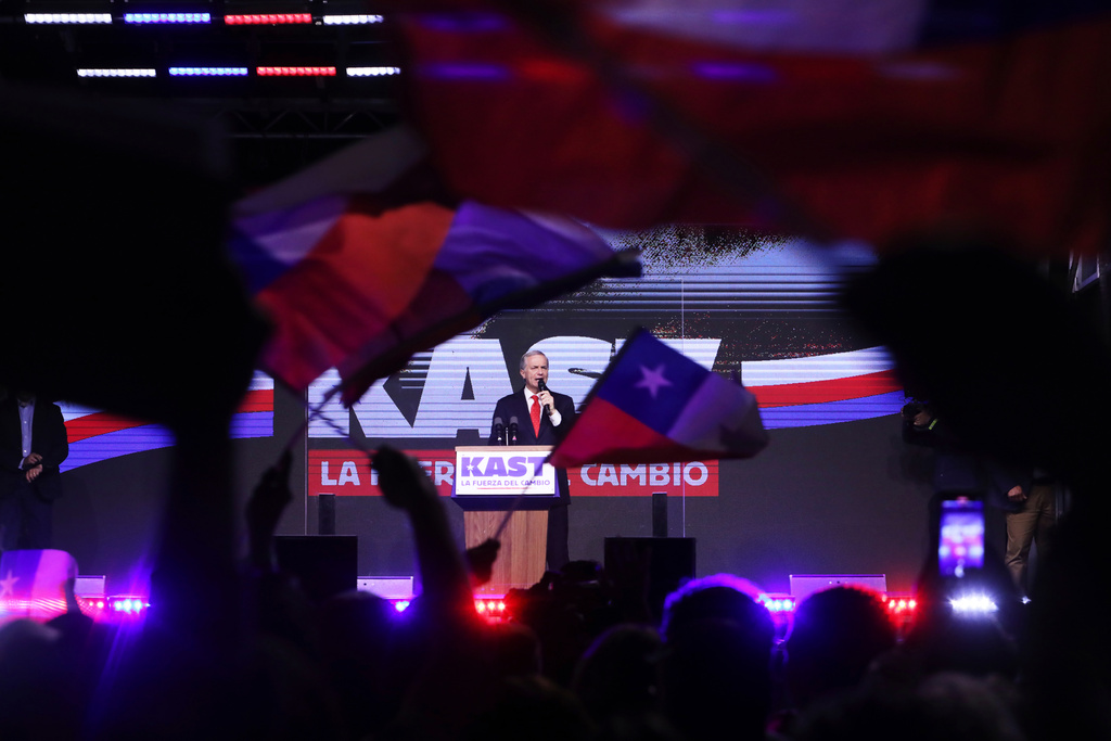 Presidential candidate Jose Antonio Kast of the Republican Party, addresses supporters after early results in the general elections in Santiago, Chile, Sunday, Nov. 16, 2025. (AP Photo/Cristobal Escobar)