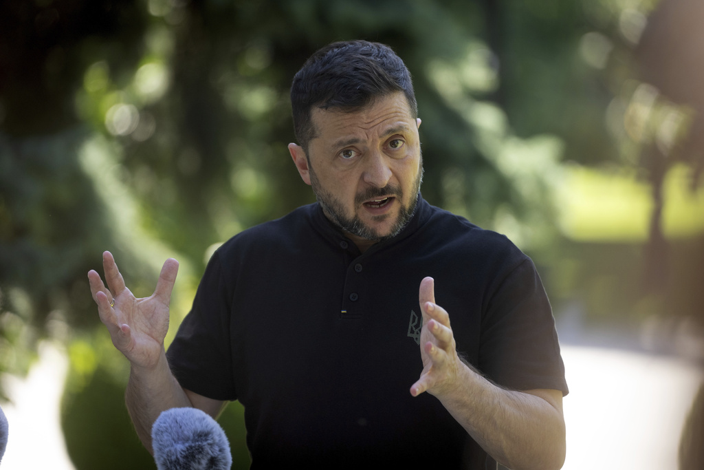 Ukrainian President Volodymyr Zelenskyy talks during his press conference in Kyiv, Ukraine, Friday, Aug. 29, 2025. (AP Photo/Efrem Lukatsky)