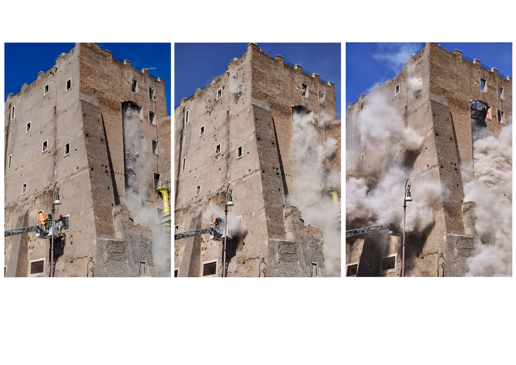 This combo of three pictures shows a cloud of debris from a second collapse surrounding firefighters who were trying to rescue a worker after a medieval tower near the Roman Forum partially collapsed during renovation work, in Rome, Italy, Monday, Nov. 3, 2025. (AP Photo/Domenico Stinellis)