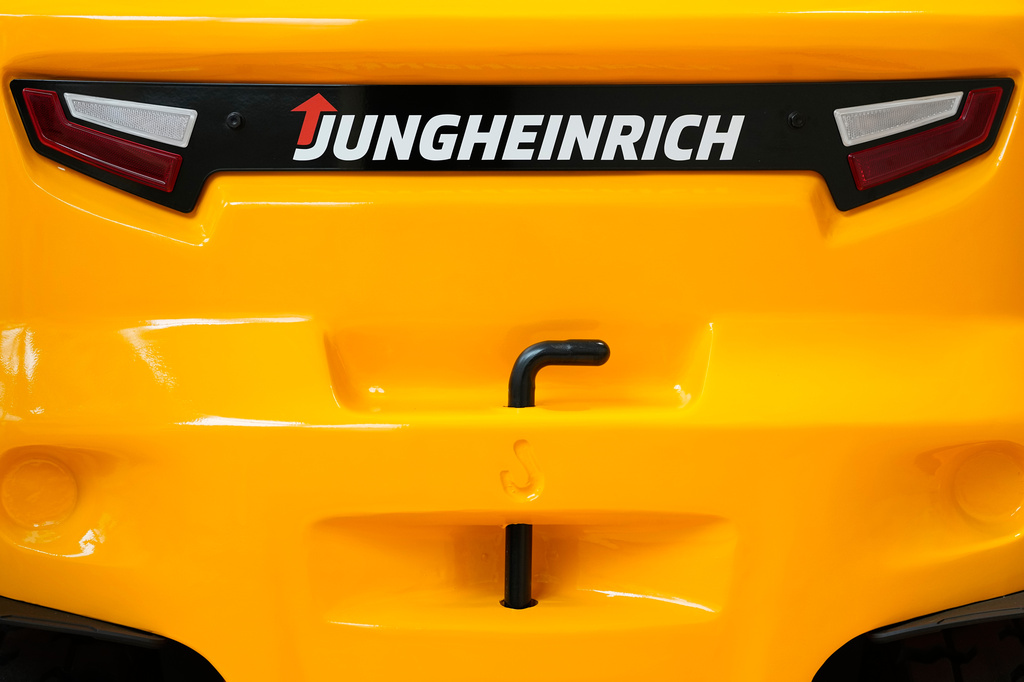 The logo of forklift and warehouse manufacturer Jungheinrich is pictured at the assembly line in Moosburg, Germany, Tuesday, Aug. 25, 2026. (AP Photo/Matthias Schrader)